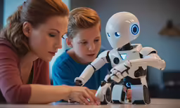 the girl is watching as the robot makes contact with her mother