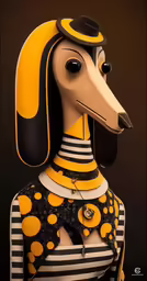 the large statue of a dog wearing yellow and black outfits