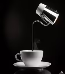 a coffee cup with a saucer under a modern lamp