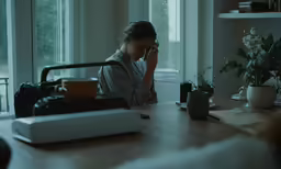 a woman sitting at a table drinking some coffee
