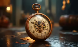 an old style clock on a table with leaves