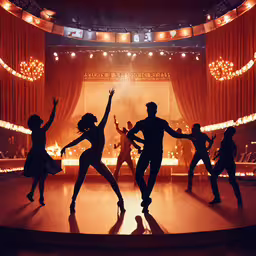 two groups of people dancing on the dance floor,a stage with some people standing on top of it