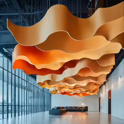 a lobby with many suspended lights above it