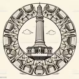 an architectural architectural drawing of the washington monument,a circle of images shows the washington monument and the name of washington on it