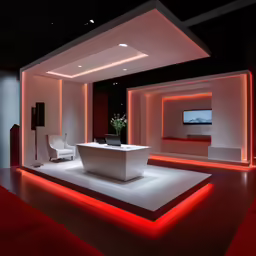a white room with a red accent lit by orange light