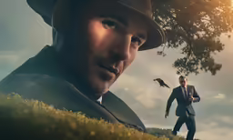 a man in a suit and hat is near an eagle