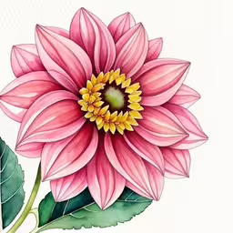 a pink flower is shown in a watercolor technique,a watercolor painting of a pink flower,a close up of a pink flower with a green stem,a drawing of a pink flower on a white background,watercolor painting of a pink flower on a white background