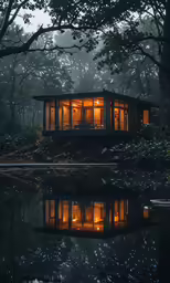 a small cabin in the middle of some trees