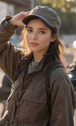 a woman with a baseball cap on and standing
