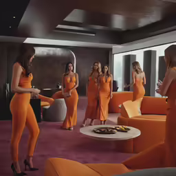 a group of women wearing dresses looking at each other