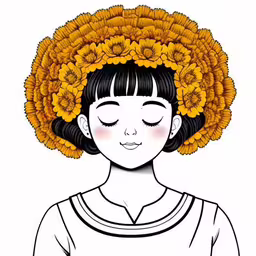 a person wearing a head covering and a large flower in their hair,an image of a woman with a flower in her hair,a person wearing a hat with sunflowers on it,an artistic illustration of a woman with her head covered in flowers,a girl with a yellow flower in her hair