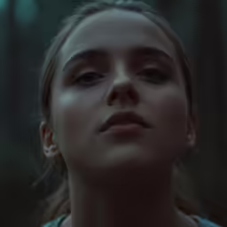 a beautiful blond woman standing in a forest looking up at the sky