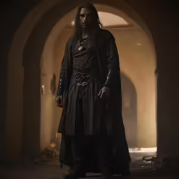 a man standing in a hallway in a black robe