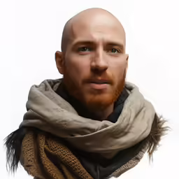 a bald man with a scarf wrapped around his neck