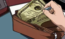 a person that is opening a wallet and holding a dollars bill,a person is putting money into a wallet