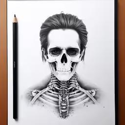a drawing of a skeleton with a face and neck, has a pencil in its mouth