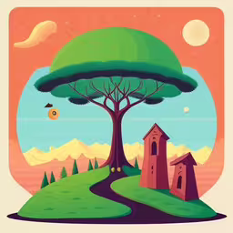 a landscape with an old style building and tree,a picture of a tree with some buildings and houses on it