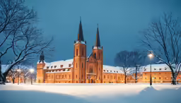 a snow covered park and a building with lights