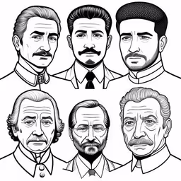 a series of nine black and white drawings of men with different facial expressions,six presidents drawn in line and ready to print,six gentleman faces, three male with beards and the other male in a suit,an image of people that are dressed up in their famous roles,an illustration of the real men