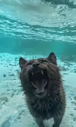 a wet brown dog yawning with open mouth