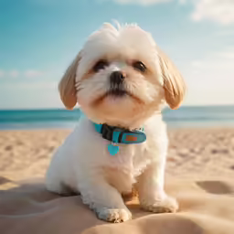 a small white dog is on the beach