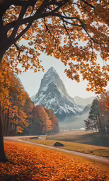 a snowy mountain on a fall day is shown through a leaf covered field