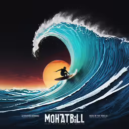a surfer riding a large wave in the sunset,a painting of a man riding the waves on his surfboard