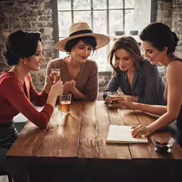 three women gathered around a wooden table looking at a cellphone