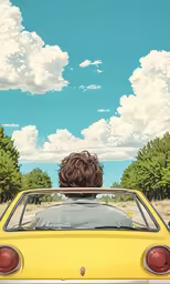 a person sitting on the back of a yellow car