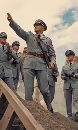 several men dressed in uniform standing on a bridge
