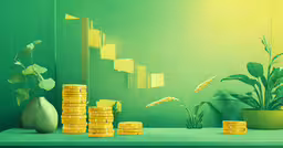 an empty room with stacks of coins near a pot and plant,stacks of gold coins sitting on top of a green counter