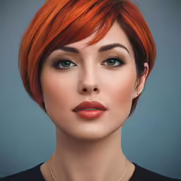 an attractive red haired woman with makeup and golden accessories