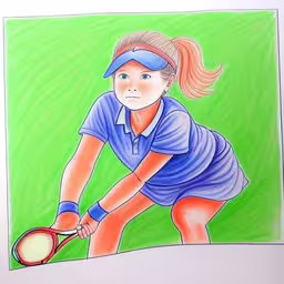 a painting of a woman playing tennis on a green grass field