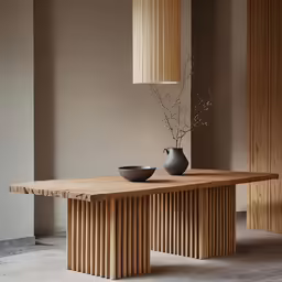 a wooden table with two bowls next to a vase and two lights