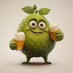 a cute green monster is holding two glasses of beer