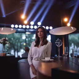 a woman standing in front of a table at a restaurant