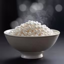 a bowl with some white beads in it