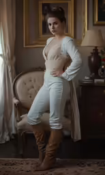 a beautiful woman in high heel boots is standing on the floor