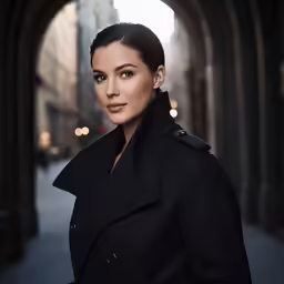 a woman in black coat and jacket with lights on side walk