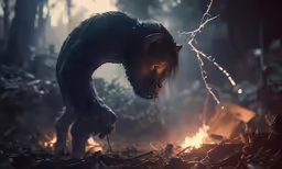 an animal with its head on the ground near a fire