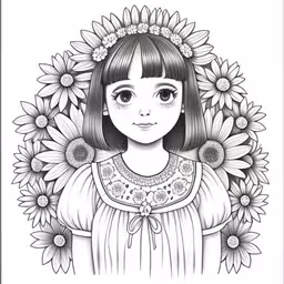 a girl in a dress surrounded by sunflowers,a drawing of a little girl with sunflowers in her hair
