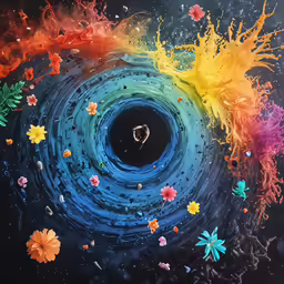 a black hole with many small, colorful flowers surrounding it