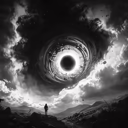 a man standing on a hill looking at a large black hole