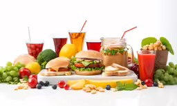 some sandwiches and fruit are stacked with beverages