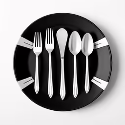 an oval black plate with five spoons and five forks