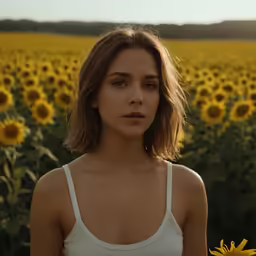a woman stands in a sunflower field