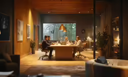 a group of people sitting around a dining room table