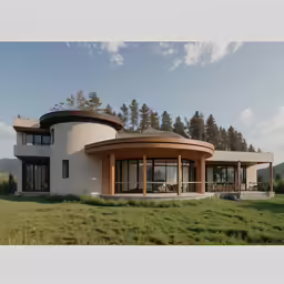 a modern home with round windows is sitting in the grass