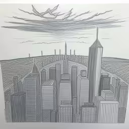a pen drawing shows a cityscape with a bird flying over it,the drawing depicts a city on land and skyscrapers