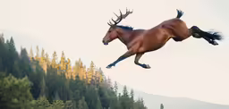 horse jumping in the air in a forest area